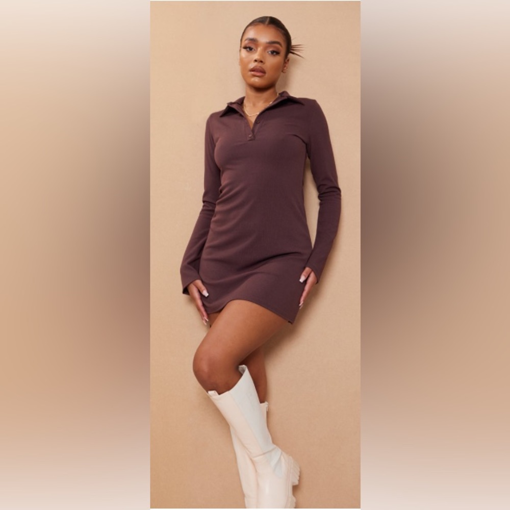 Chocolate Rib Polo Collar Long Sleeve Bodycon Dress